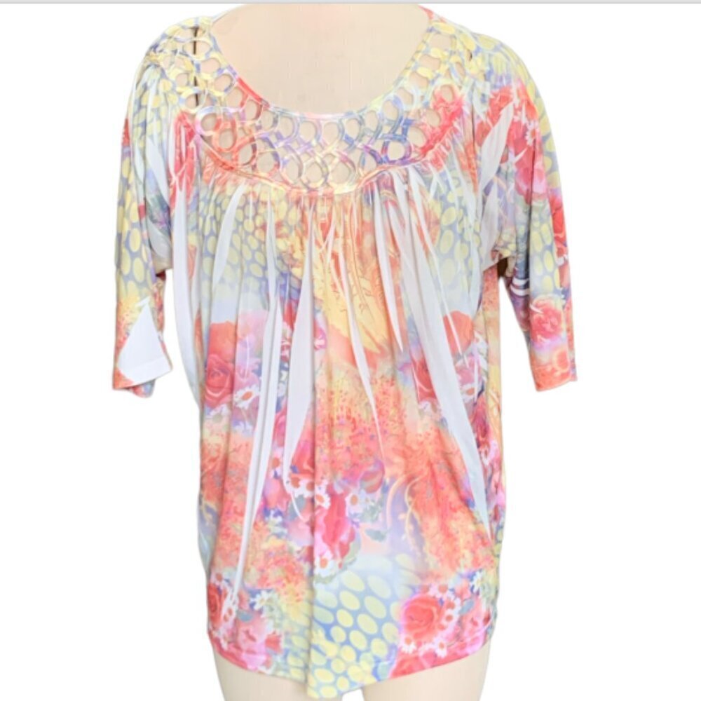Simply Irresistible Floral Sublimation‎ Top Embellished Neckline L #99B